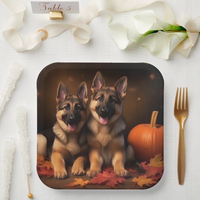 German Shepherd Puppy Autumn Delight Pumpkin  Paper Plate (Wedding)