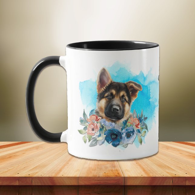 German Shepherd Puppy Blue Floral Mug (Creator Uploaded)