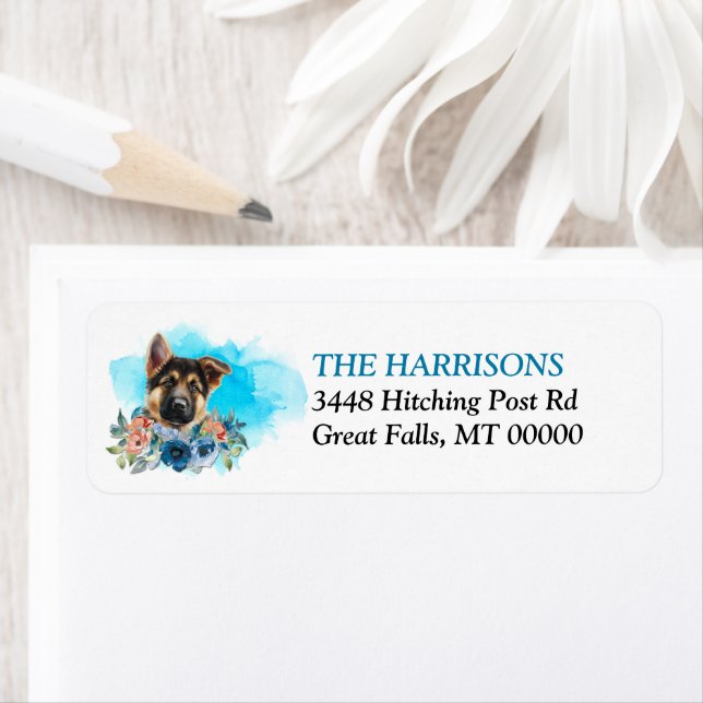 German Shepherd Puppy Blue Floral Return Address Label (Insitu)