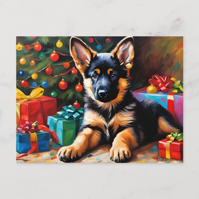 German Shepherd Puppy, Christmas Tree, Presents  Holiday Postcard (Front)