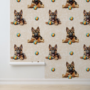 German Shepherd Puppy Dog Ball Bone Cream Texture Wallpaper