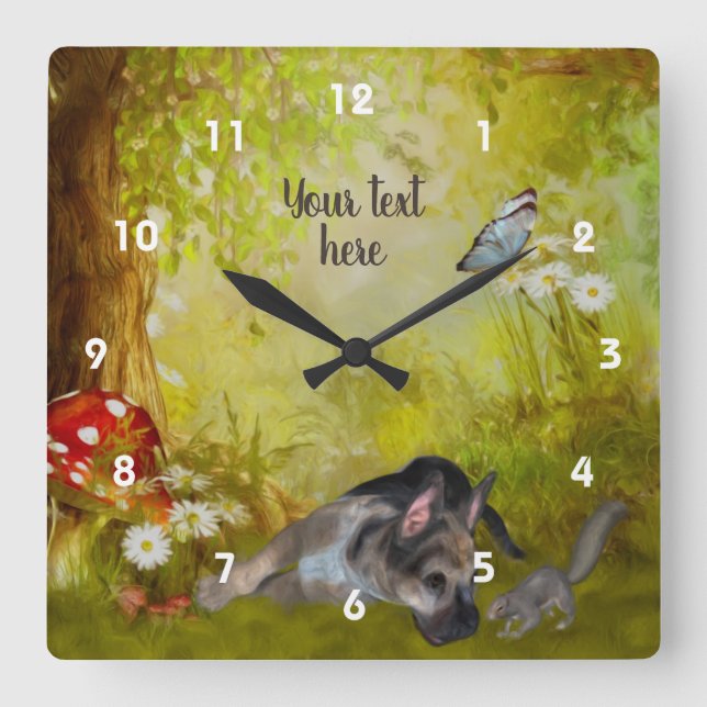 German Shepherd Puppy Fantasy Personalized Square Wall Clock (Front)