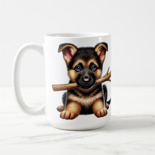 German Shepherd Puppy Holding a Stick in Its Mouth Coffee Mug