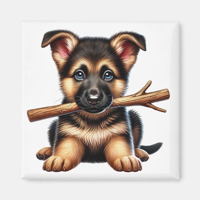 German Shepherd Puppy Holding a Stick in Its Mouth Magnet (Front)
