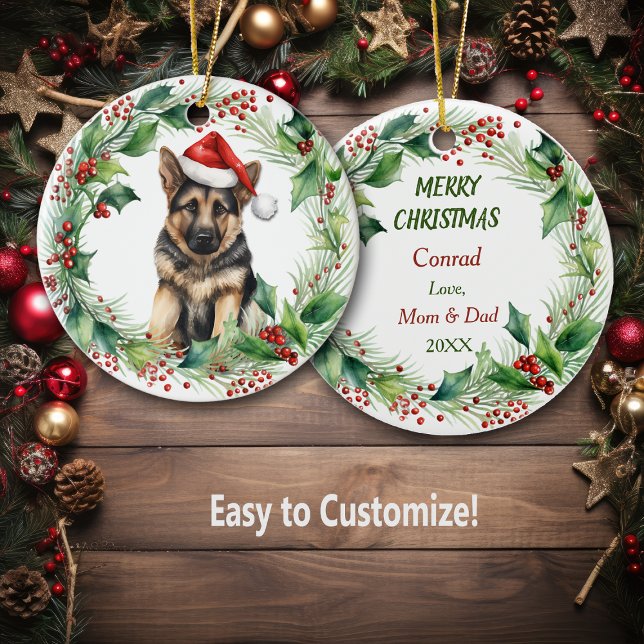  German Shepherd Puppy Holly Wreath Christmas Ceramic Ornament (Creator Uploaded)