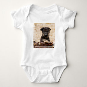 German Shepherd Puppy In Basket Baby Bodysuit