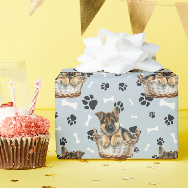 German Shepherd Puppy in Basket Paw Print  Wrapping Paper (Birthday Party)