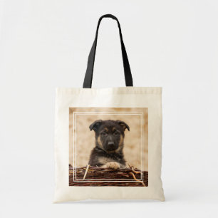German Shepherd Puppy In Basket Tote Bag