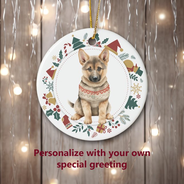 German Shepherd Puppy in Winter Sweater Christmas Ceramic Ornament (Creator Uploaded)