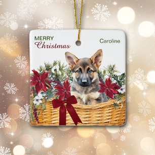 German Shepherd Puppy Poinsettia Christmas Basket Ceramic Ornament