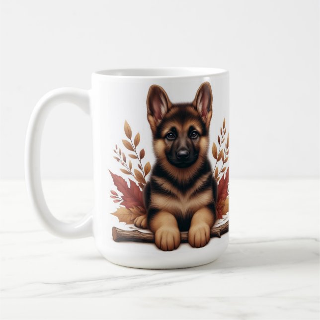  German Shepherd Puppy Posed With Autumn Leaves  Coffee Mug (Left)