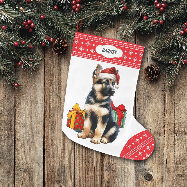 German Shepherd Puppy Santa Hat Snowflake Large Christmas Stocking (Creator Uploaded)