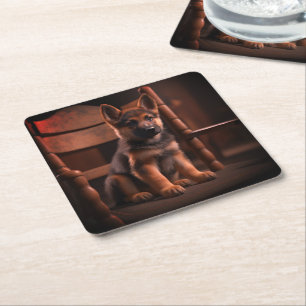 German Shepherd Puppy Square Paper Coaster
