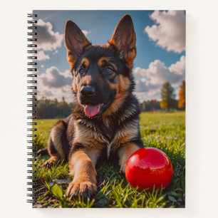German Shepherd Puppy with a Toy Notebook