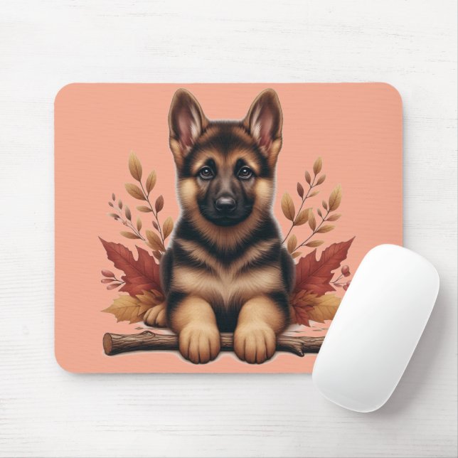  German Shepherd Puppy With Autumn Leaves Mouse Pad (With Mouse)