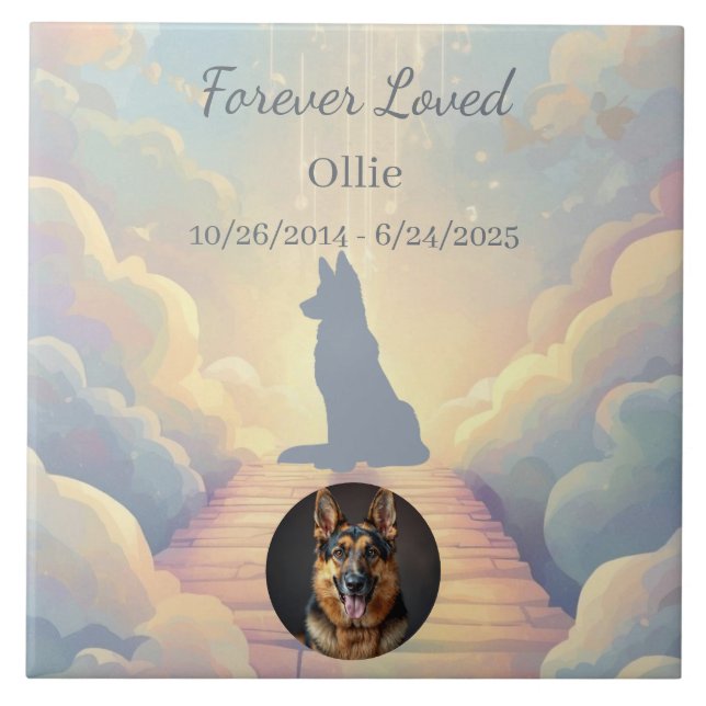 German Shepherd Rainbow Bridge Memorial Photo Ceramic Tile (Front)