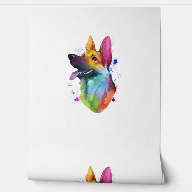 German Shepherd Rainbow Watercolor Paint Splatter  Wallpaper (Unrolling)