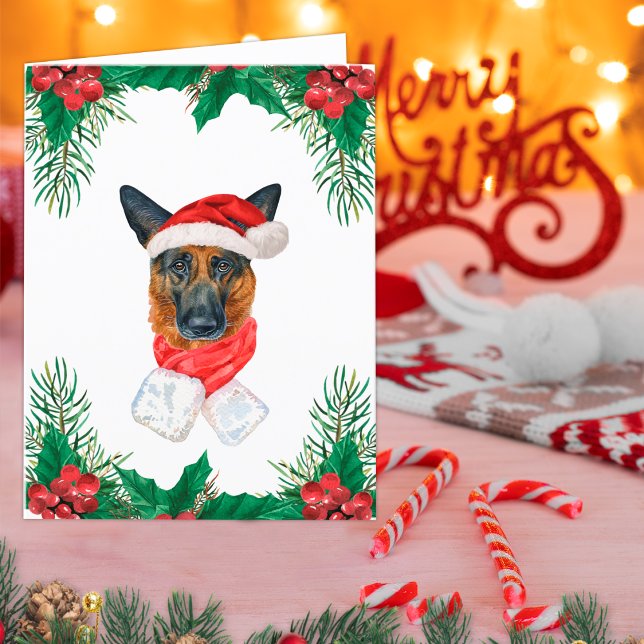 German Shepherd Red and Green Greenery Christmas Holiday Card (Creator Uploaded)
