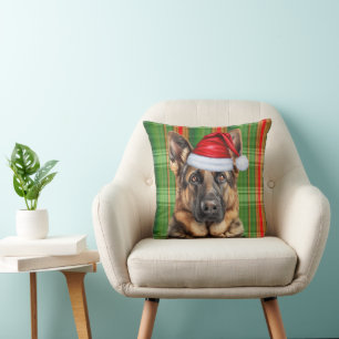 German Shepherd Red Green Holiday Plaid Christmas Cushion