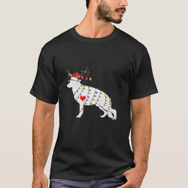 German Shepherd Reindeer Christmas Tree Lights Xma T-Shirt (Front)