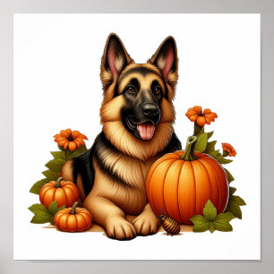 German Shepherd Resting With Pumpkins and Flowers Poster