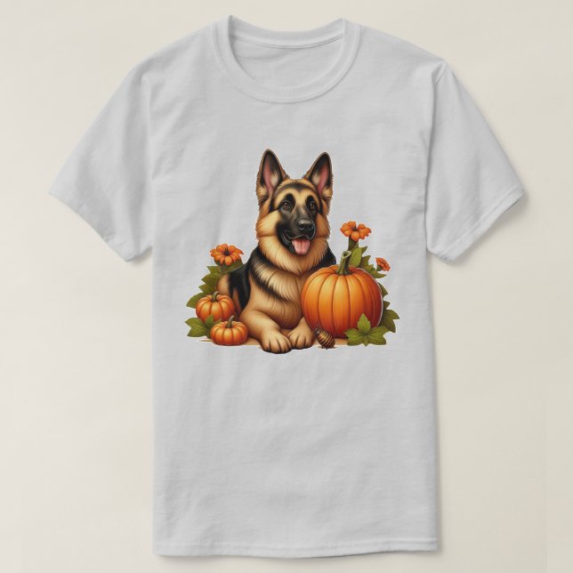 German Shepherd Resting With Pumpkins and Flowers T-Shirt (Design Front)