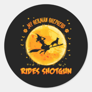 German Shepherd Rides Shot Funny Halloween Dog Classic Round Sticker