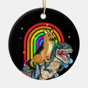 German Shepherd Riding Dinosaur T rex Rainbow Ceramic Ornament