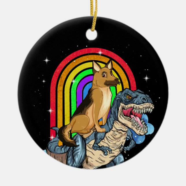 German Shepherd Riding Dinosaur T rex Rainbow Ceramic Ornament (Front)