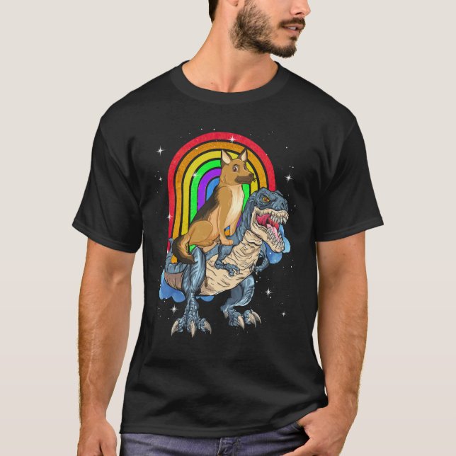 German Shepherd Riding Dinosaur T rex Rainbow T-Shirt (Front)