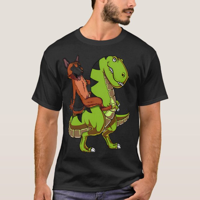 German Shepherd Riding T-Rex Dinosaur T-Shirt (Front)