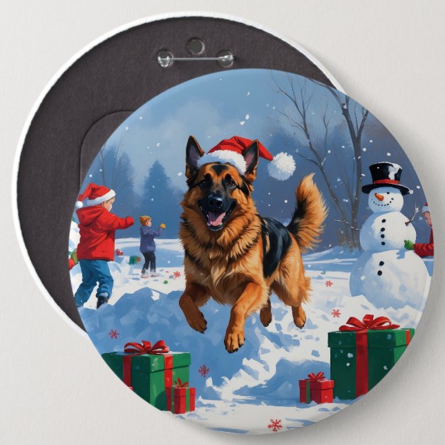 German Shepherd Running in Snow with Christmas Hat 6 Cm Round Badge (Front & Back)