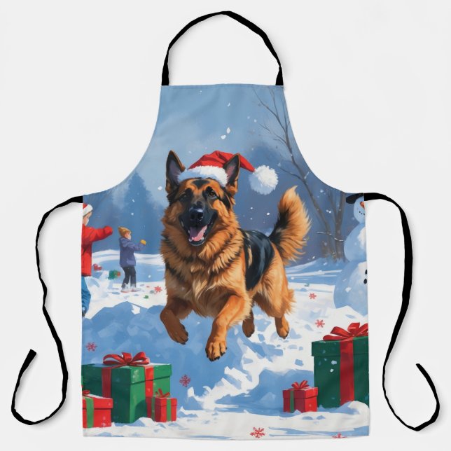 German Shepherd Running in Snow with Christmas Hat Apron (Front)