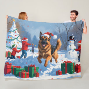German Shepherd Running in Snow with Christmas Hat Fleece Blanket