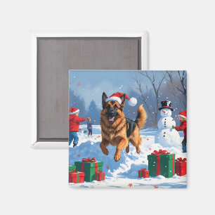 German Shepherd Running in Snow with Christmas Hat Magnet