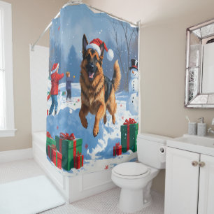 German Shepherd Running in Snow with Christmas Hat Shower Curtain