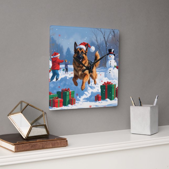 German Shepherd Running in Snow with Christmas Hat Square Wall Clock (Office)