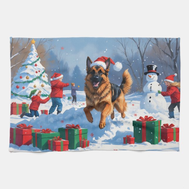 German Shepherd Running in Snow with Christmas Hat Tea Towel (Horizontal)