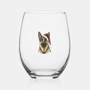 German Shepherd Santa Claus Dog Christmas  Stemless Wine Glass
