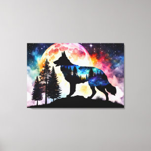 German Shepherd Silhouette on the Mountain Moon Canvas Print