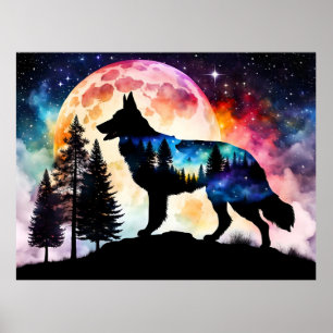 German Shepherd Silhouette on the Mountain Moon  Poster