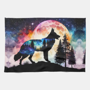 German Shepherd Silhouette on the Mountain Moon Tea Towel