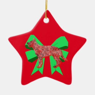 German Shepherd Silhouette Red&Green Bow Christmas Ceramic Ornament