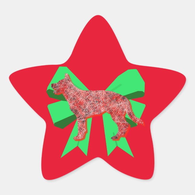 German Shepherd Silhouette Red&Green Bow Christmas Star Sticker (Front)