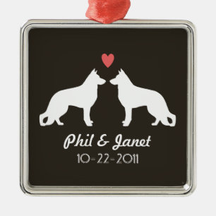 German Shepherd Silhouettes with Heart and Text Metal Ornament
