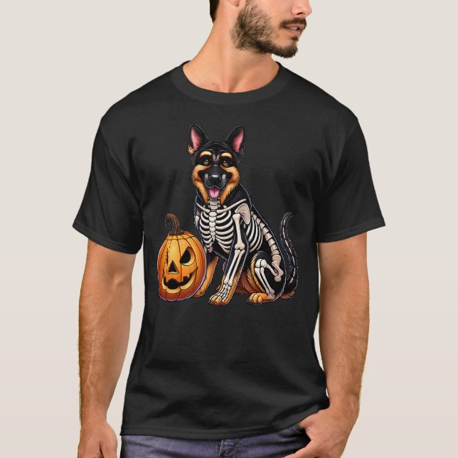 German Shepherd Skeleton Jack O Lantern Funny Dog  T-Shirt (Front)