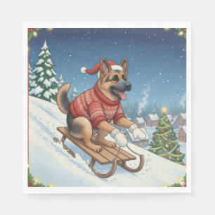 German Shepherd Sledding, Christmas Napkins
