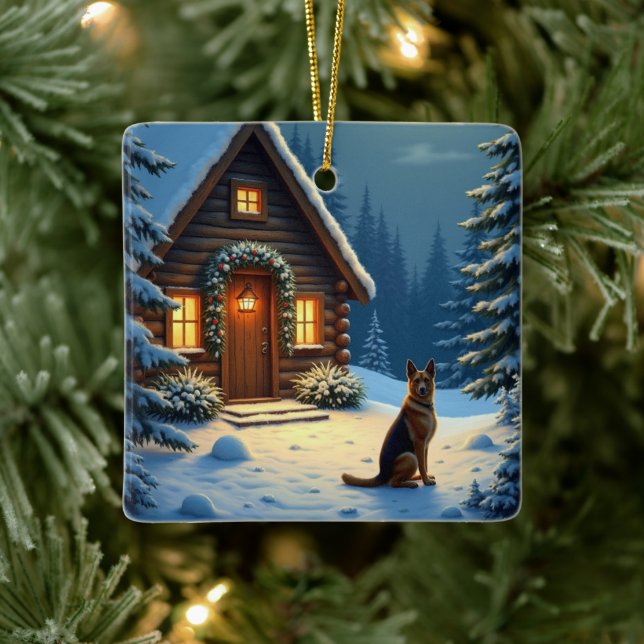 German Shepherd Snowy Forest Cabin Christmas Paint Ceramic Ornament (Tree)