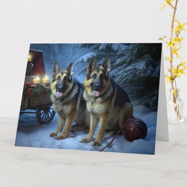 German Shepherd Snowy Sleigh Christmas Decor  Card (Yellow Flower)