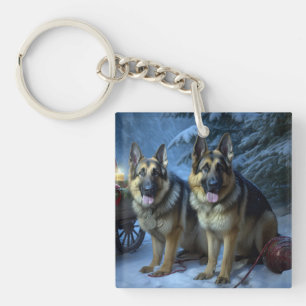 German Shepherd Snowy Sleigh Christmas Decor  Key Ring